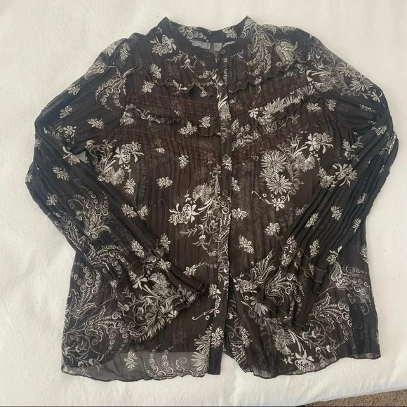 Apt. 9 Sheer floral print long fluter sleeve brown Shirt size Large - Picture 2 of 5